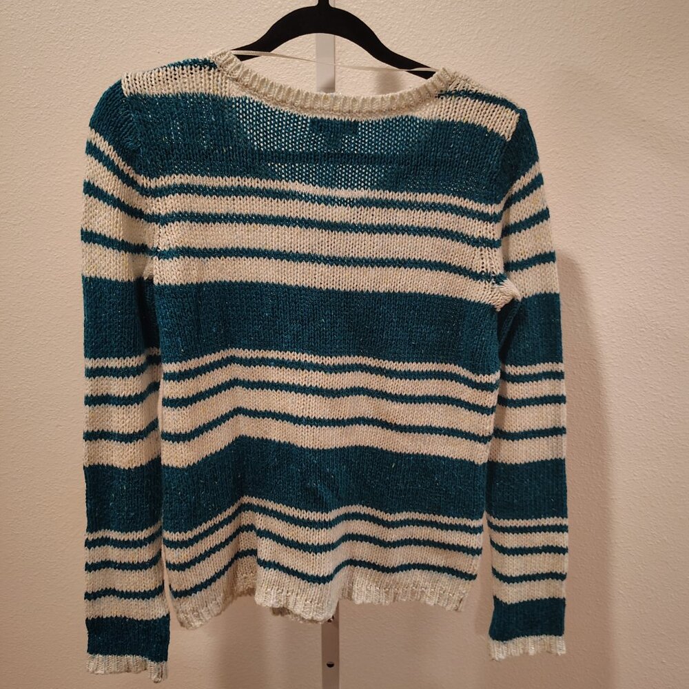 St. John's Bay Women's V-Neck Sweater Teal White Stripes Mesh Style Size Medium - Picture 7 of 10